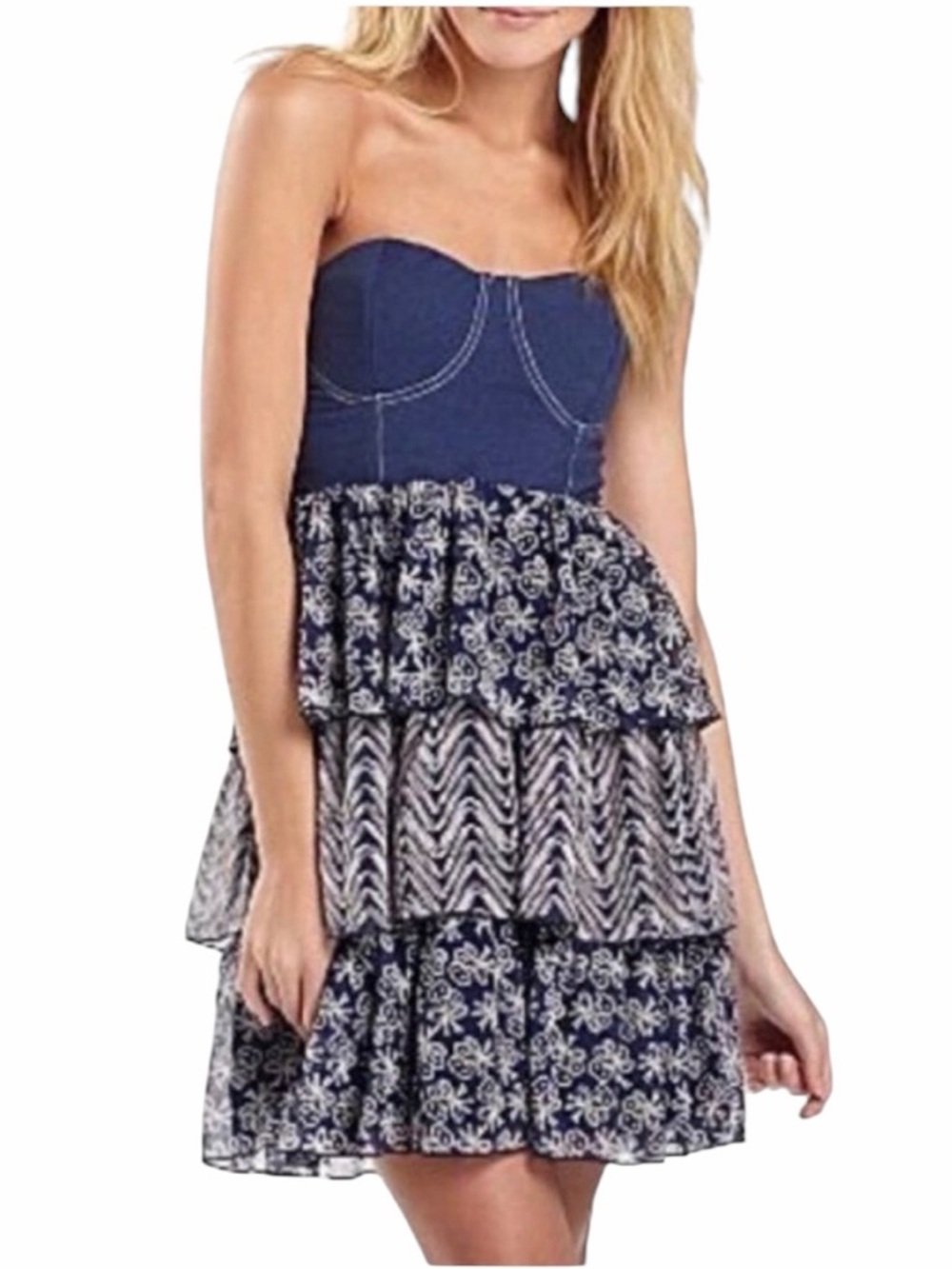 Olsenboye Denim Strapless Bustier Dress with Layers - Size Medium